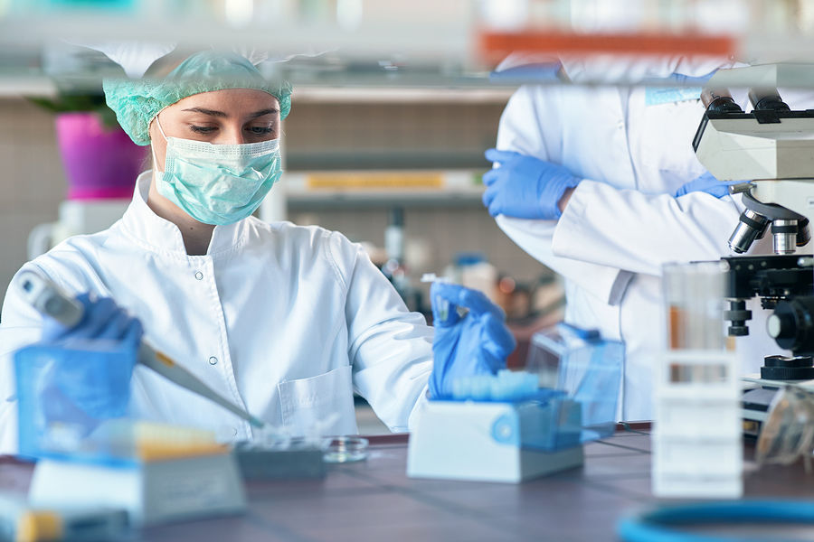 scientict in lab analysis of new corona virus, clinic laboratory chemical research of infection. Cov